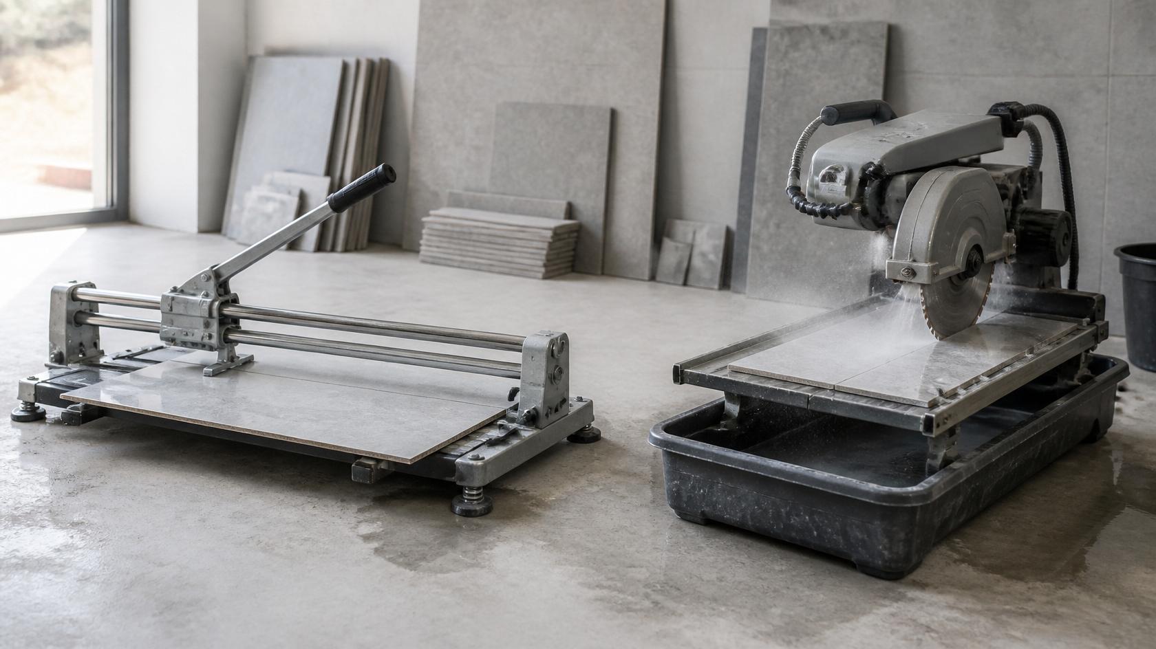 Manueller Fliesenschneider und elektrischer Nassschneider im direkten Vergleich