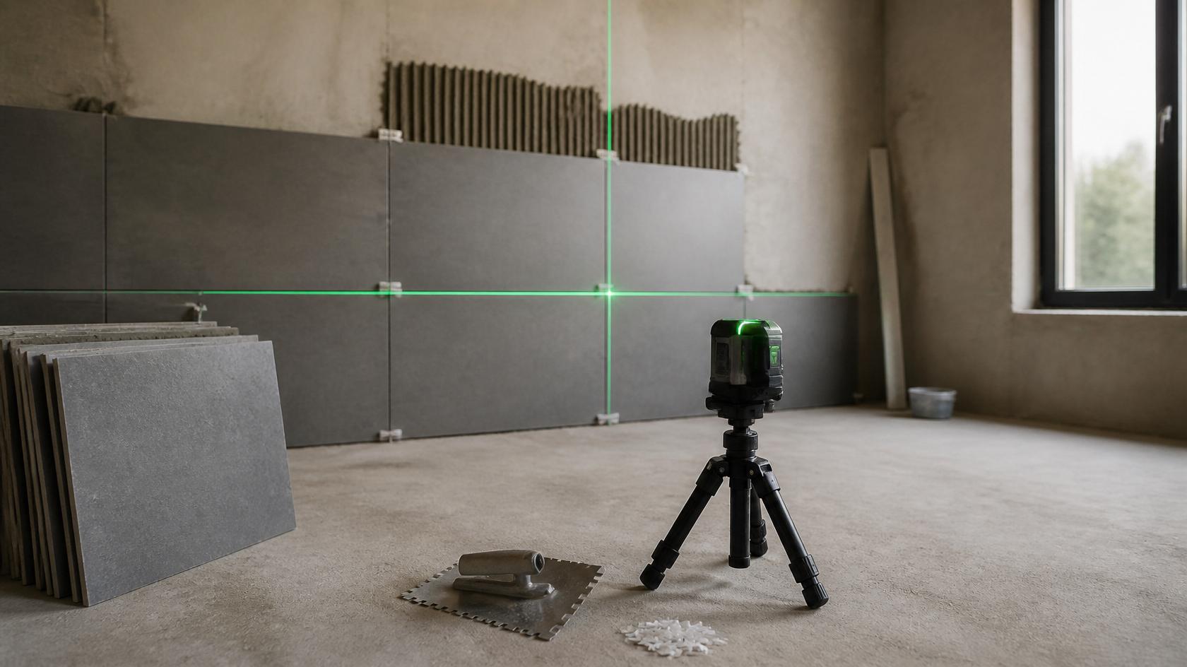 Laser Wasserwaage projiziert grünes Laserkreuz auf eine halb gefliesten Wand beim Fliesenlegen